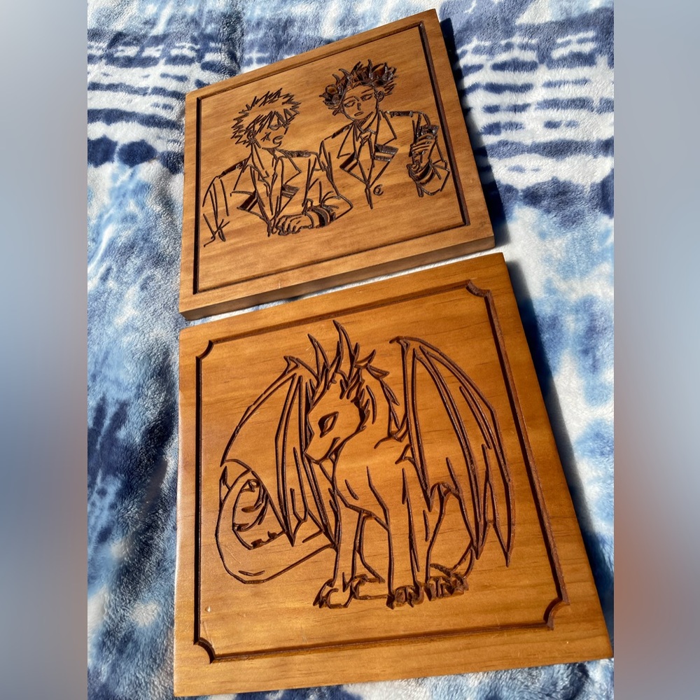 Set Of 2 Anime Style Pyrography Art Wood Hanging Wall Plaques ONE OF A KIND